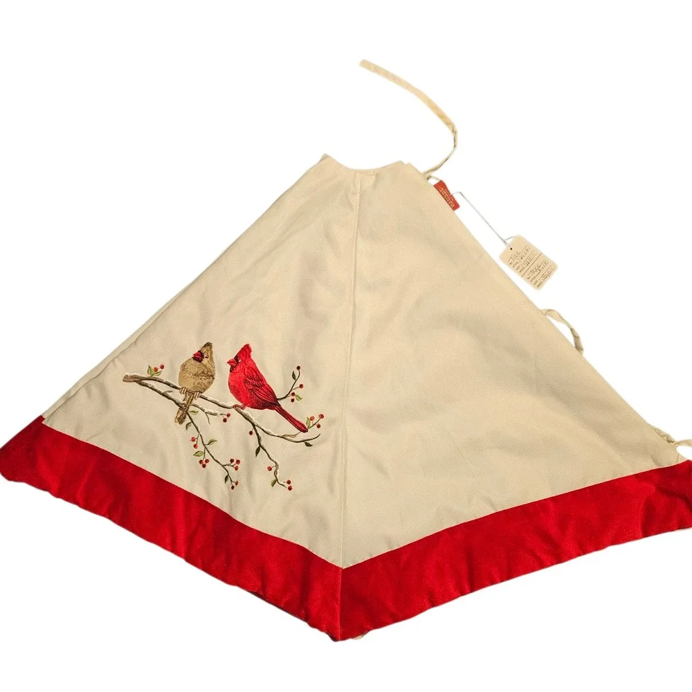 Winter Dreams Christmas Tree Skirt‎ Beige Red Cardinal Bird Embroidered Holiday